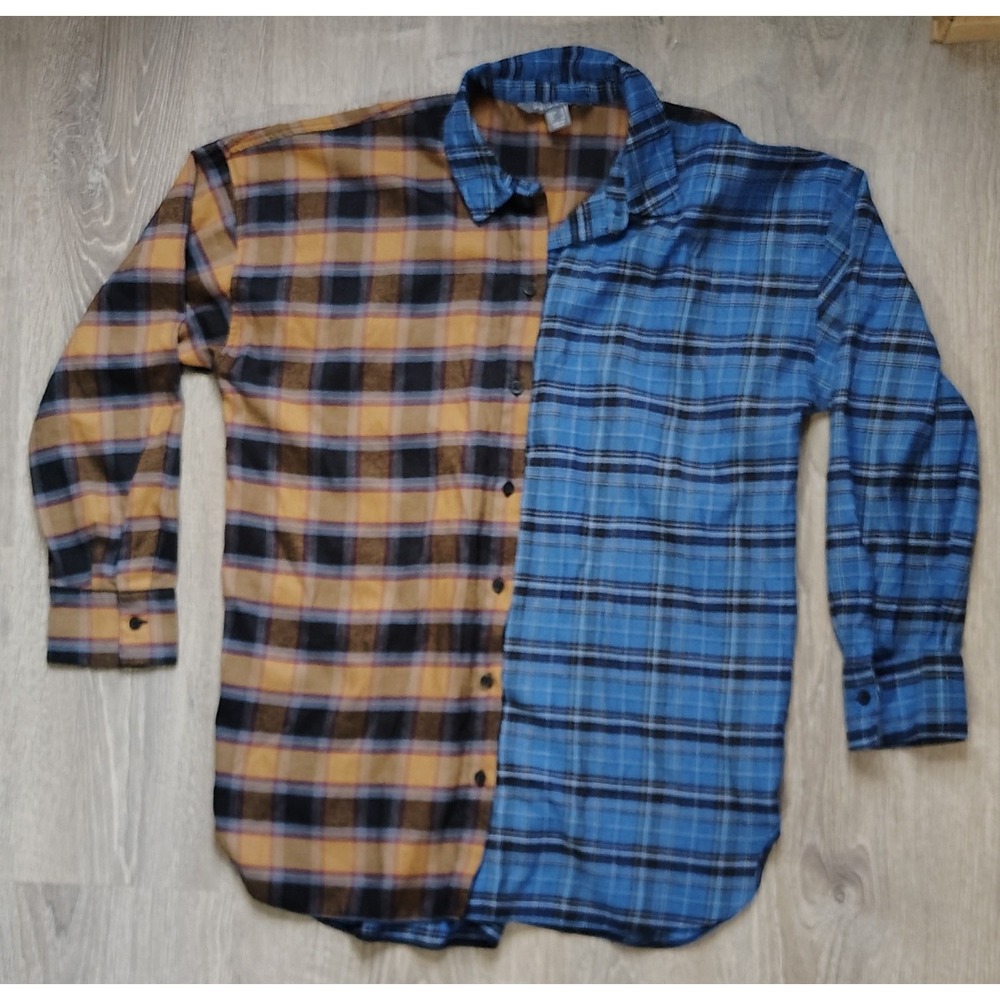 Womens Sz 6 Primark Colorblock Button Up Long Sleeve Shirt Plaid Brown Blue **